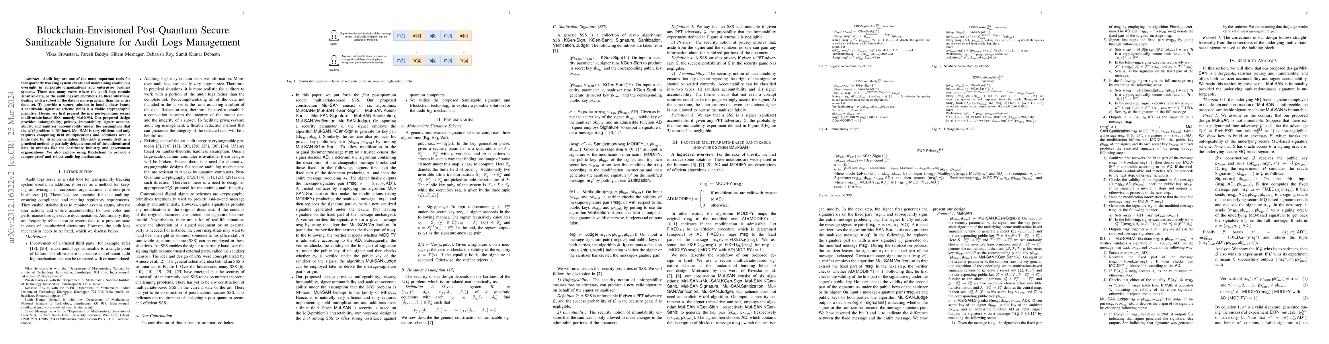 Thumbnail for Blockchain-Envisioned Post-Quantum Secure Sanitizable Signature for
  Audit Logs Management