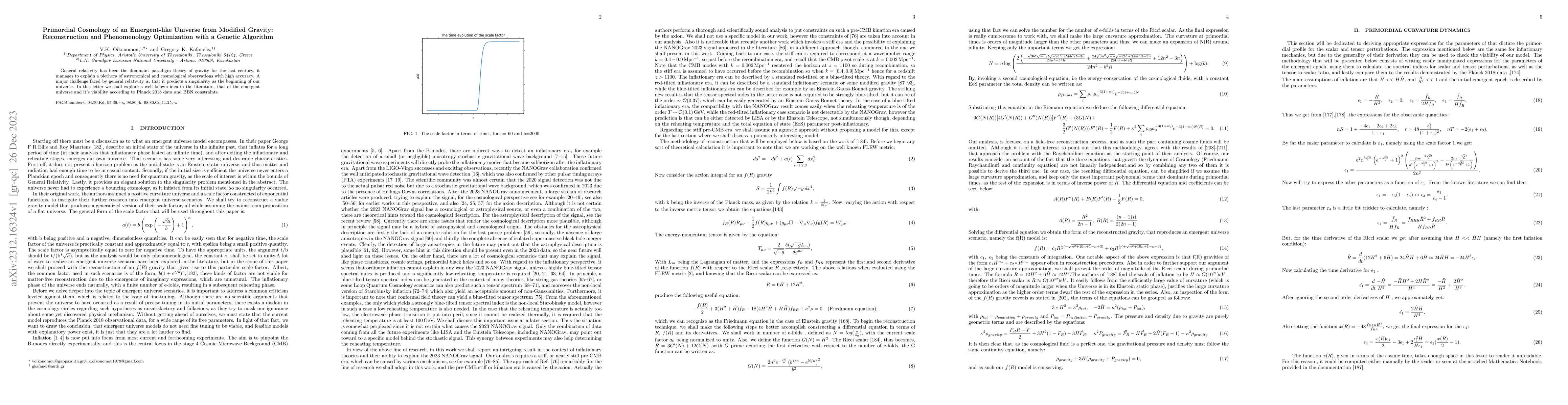 Thumbnail for Primordial Cosmology of an Emergent-like Universe from Modified Gravity:
  Reconstruction and Phenomenology Optimization with a Genetic Algorithm