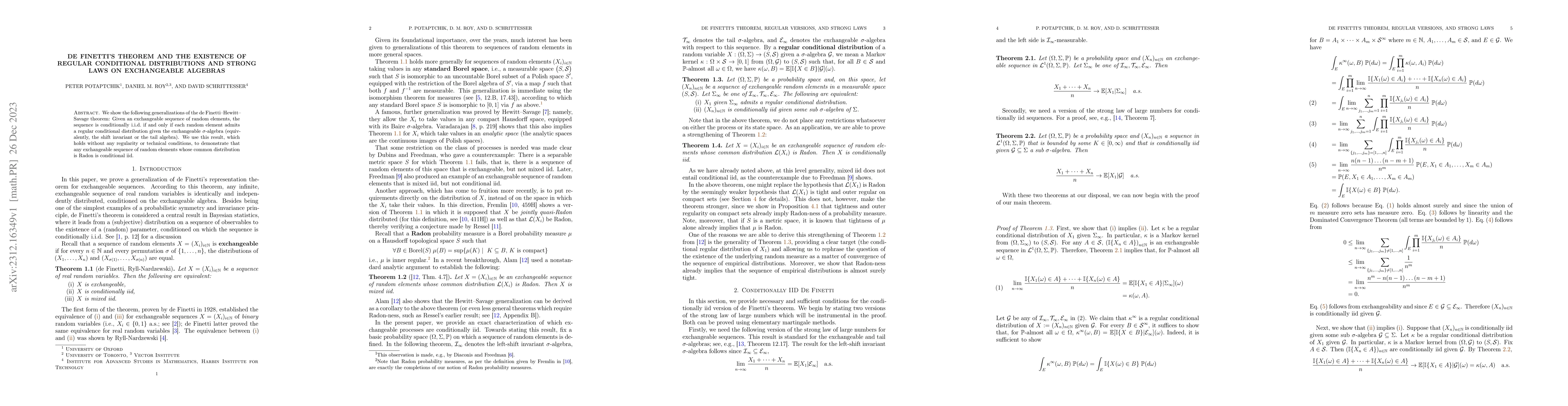 Thumbnail for de Finetti's theorem and the existence of regular conditional
  distributions and strong laws on exchangeable algebras