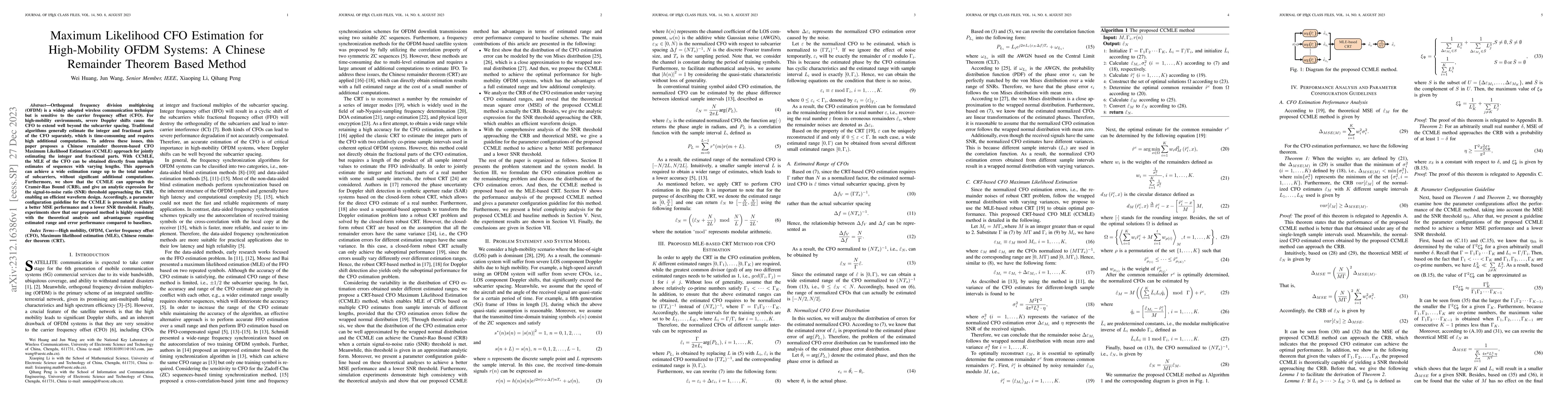 Thumbnail for Maximum Likelihood CFO Estimation for High-Mobility OFDM Systems: A
  Chinese Remainder Theorem Based Method