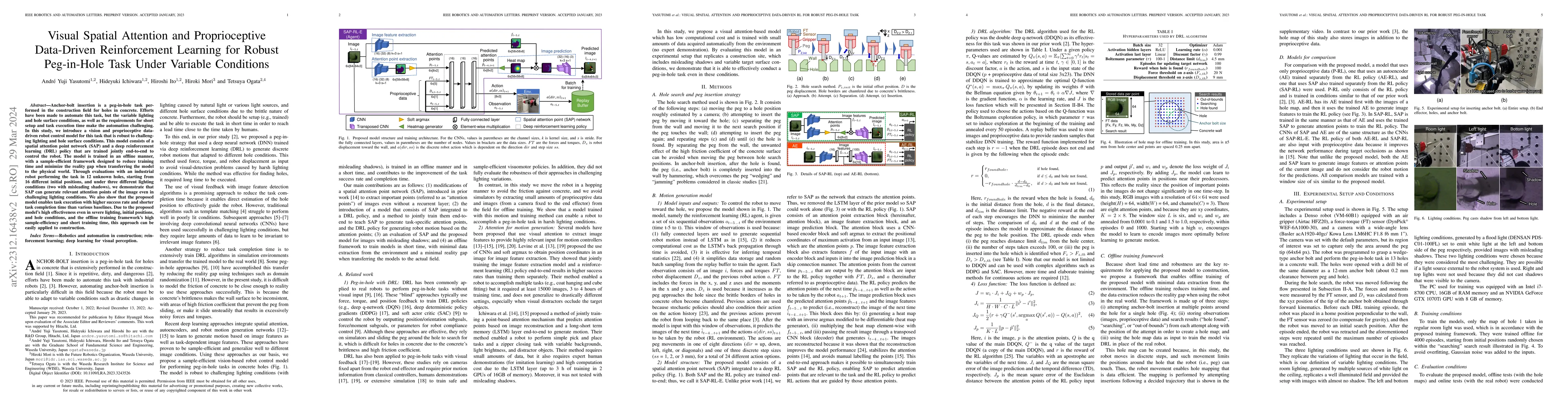 Thumbnail for Visual Spatial Attention and Proprioceptive Data-Driven Reinforcement
  Learning for Robust Peg-in-Hole Task Under Variable Conditions
