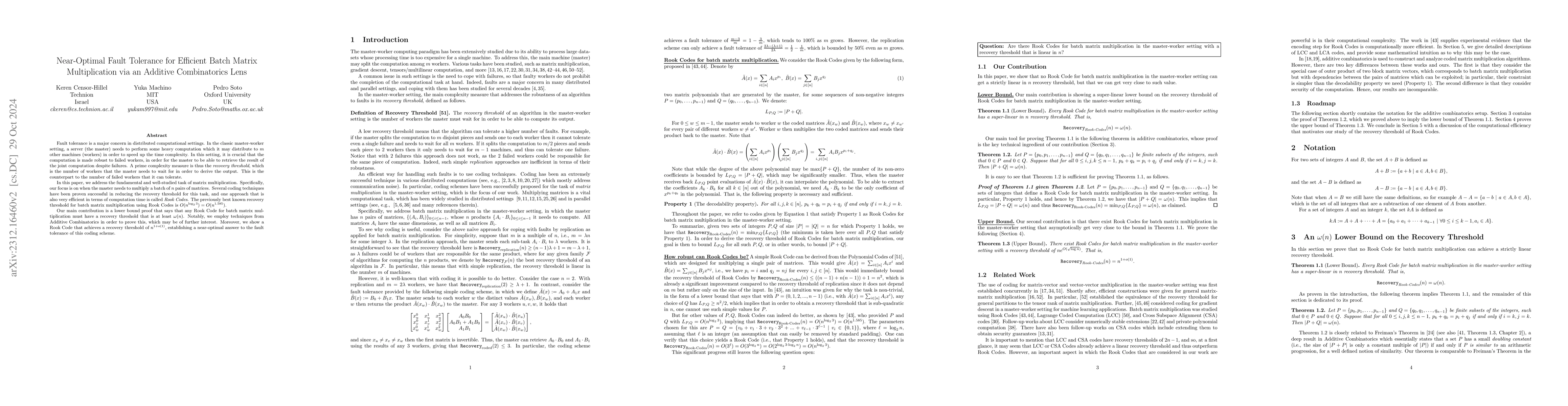 Thumbnail for Near-Optimal Fault Tolerance for Efficient Batch Matrix Multiplication
  via an Additive Combinatorics Lens
