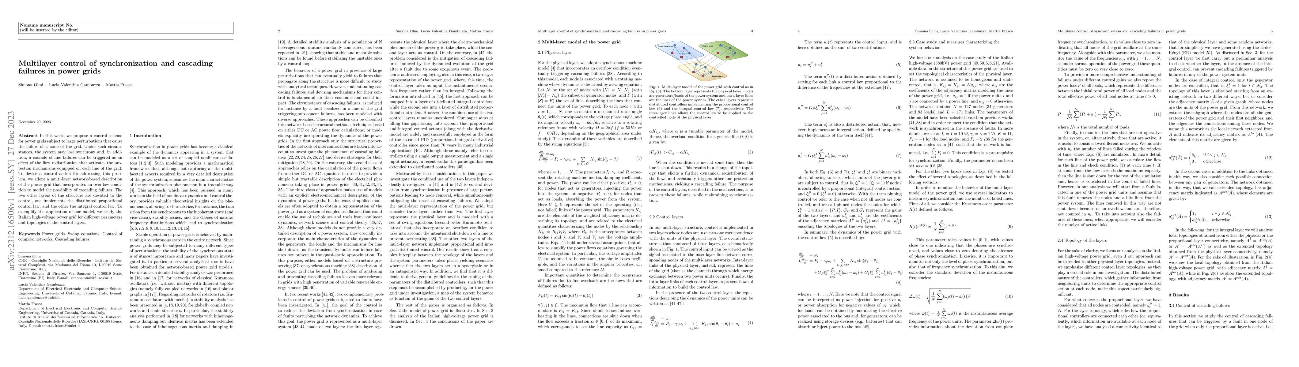 Thumbnail for Multilayer control of synchronization and cascading failures in power
  grids