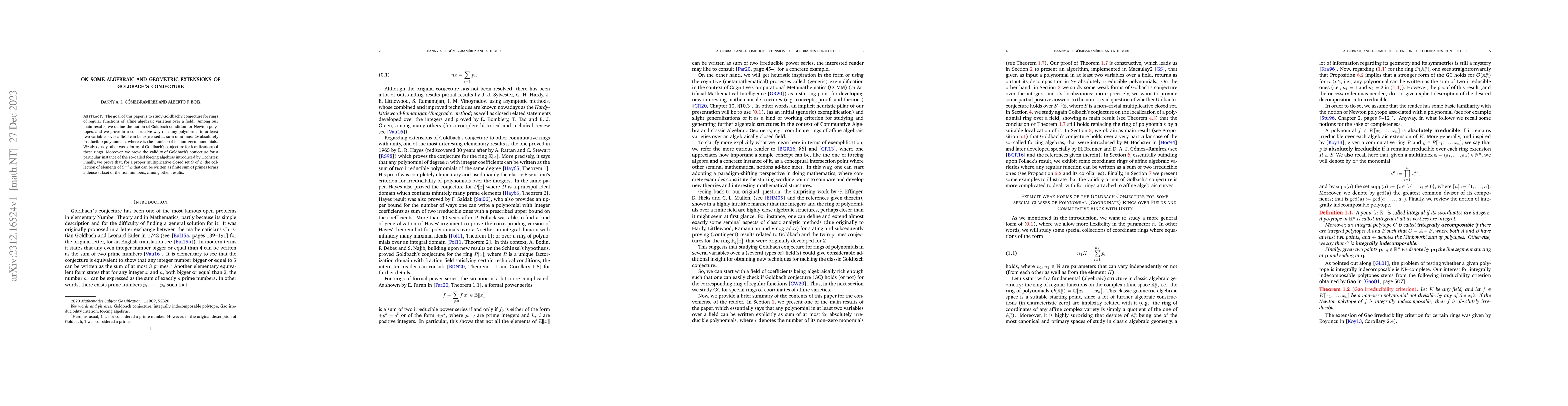 Thumbnail for On some algebraic and geometric extensions of Goldbach's conjecture