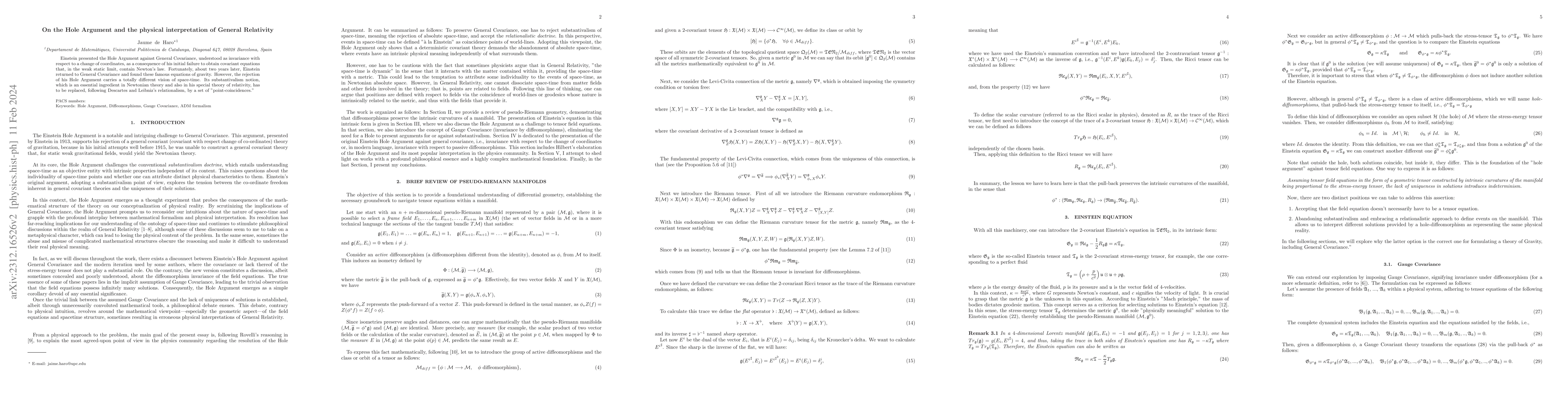 Thumbnail for On the Hole Argument and the physical interpretation of General
  Relativity