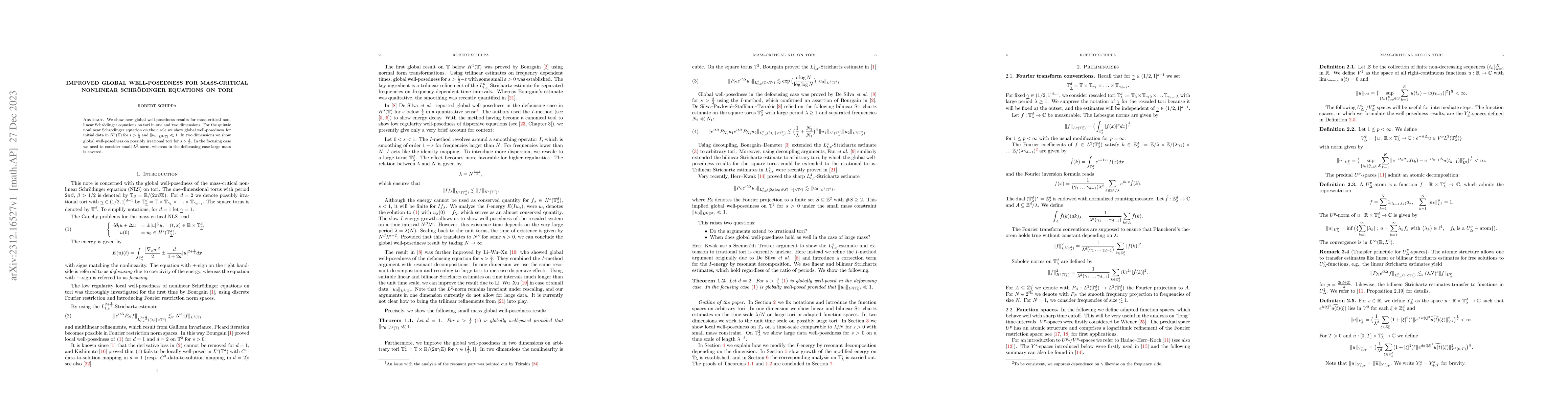 Thumbnail for Improved global well-posedness for mass-critical nonlinear Schr\"odinger
  equations on tori