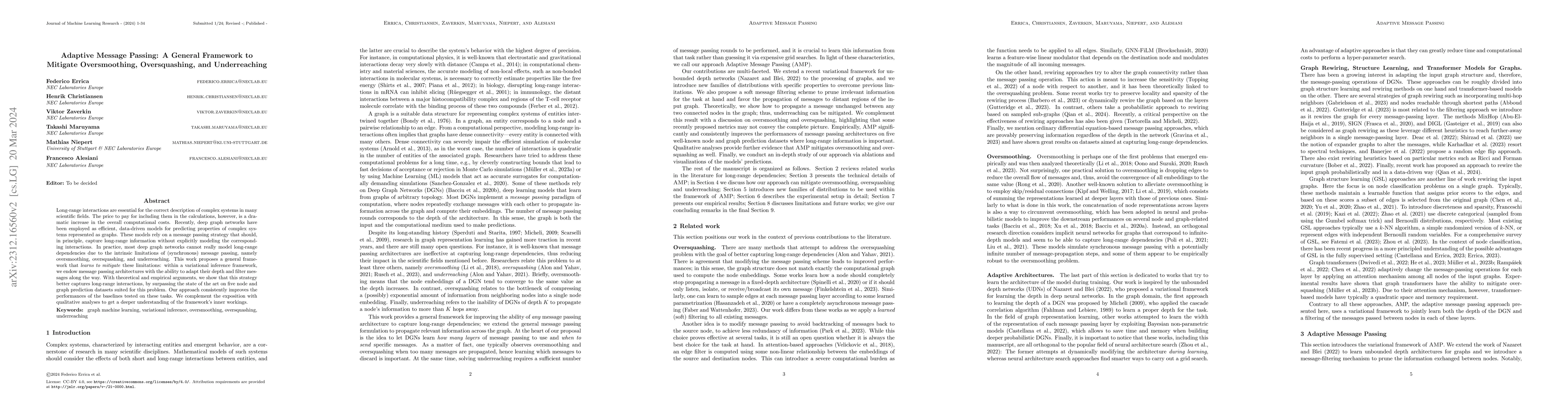 Thumbnail for Adaptive Message Passing: A General Framework to Mitigate Oversmoothing,
  Oversquashing, and Underreaching