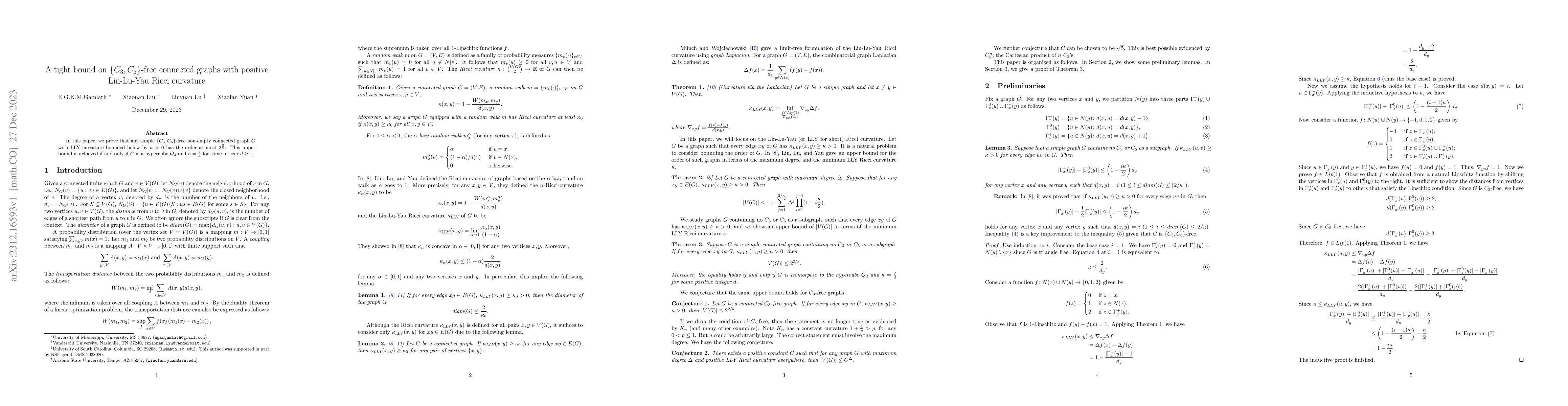 Thumbnail for A tight bound on $\{C_3,C_5\}$-free connected graphs with positive
  Lin-Lu-Yau Ricci curvature