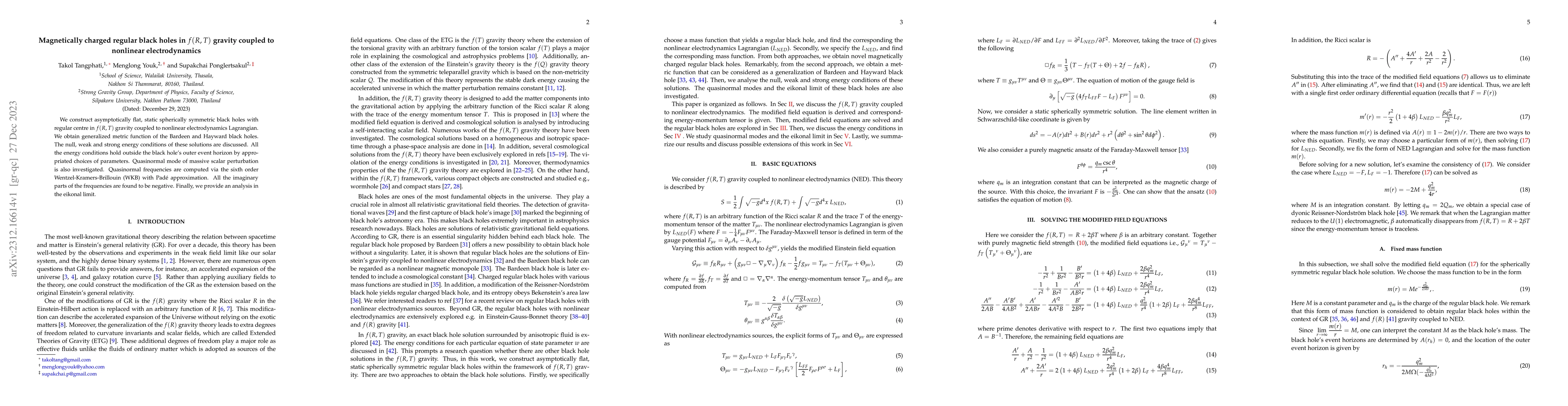 Thumbnail for Magnetically charged regular black holes in $f(R,T)$ gravity coupled to
  nonlinear electrodynamics