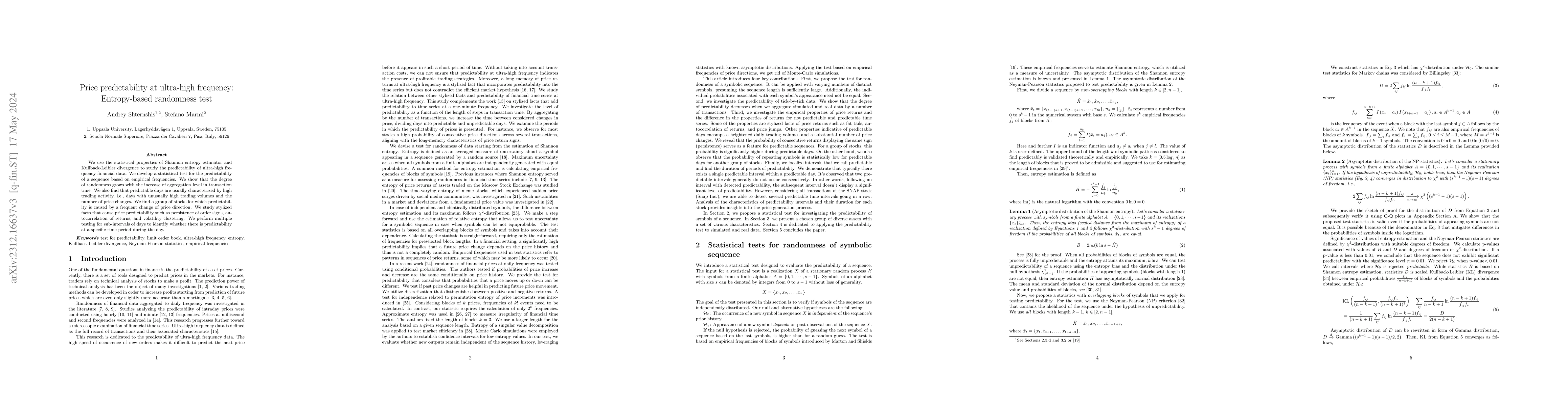 Thumbnail for Price predictability at ultra-high frequency: Entropy-based randomness
  test