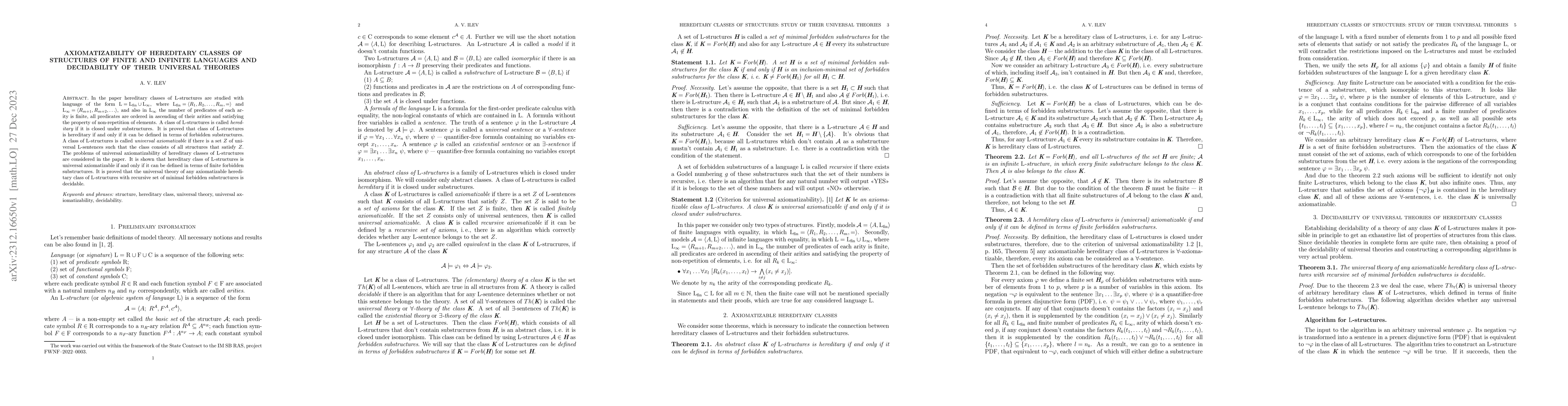 Thumbnail for Axiomatizability of hereditary classes of structures of finite and
  infinite languages and decidability of their universal theories