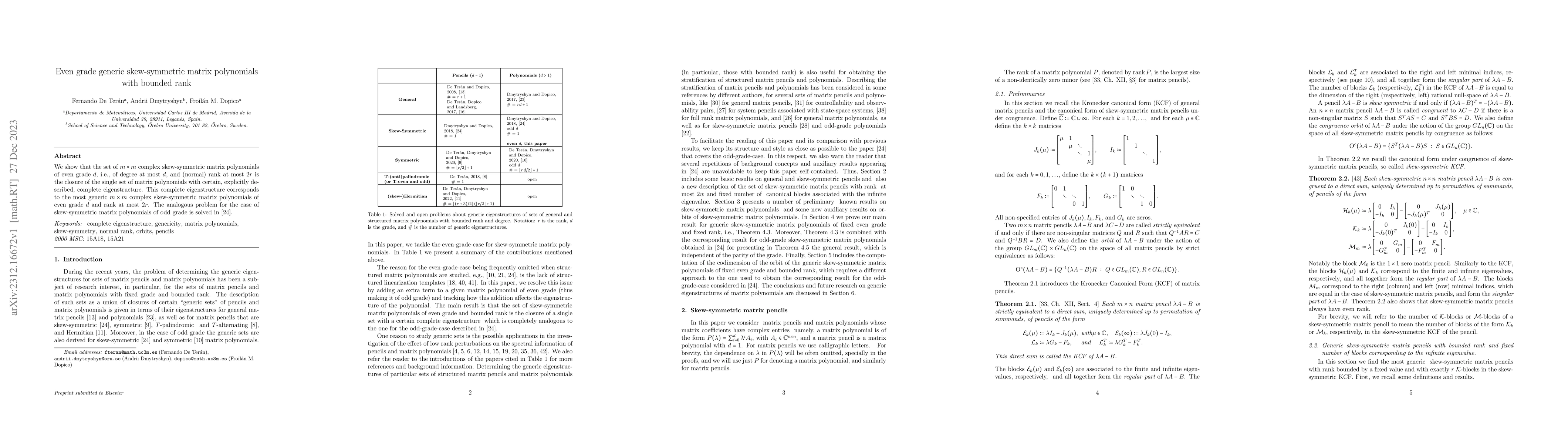 Thumbnail for Even grade generic skew-symmetric matrix polynomials with bounded rank