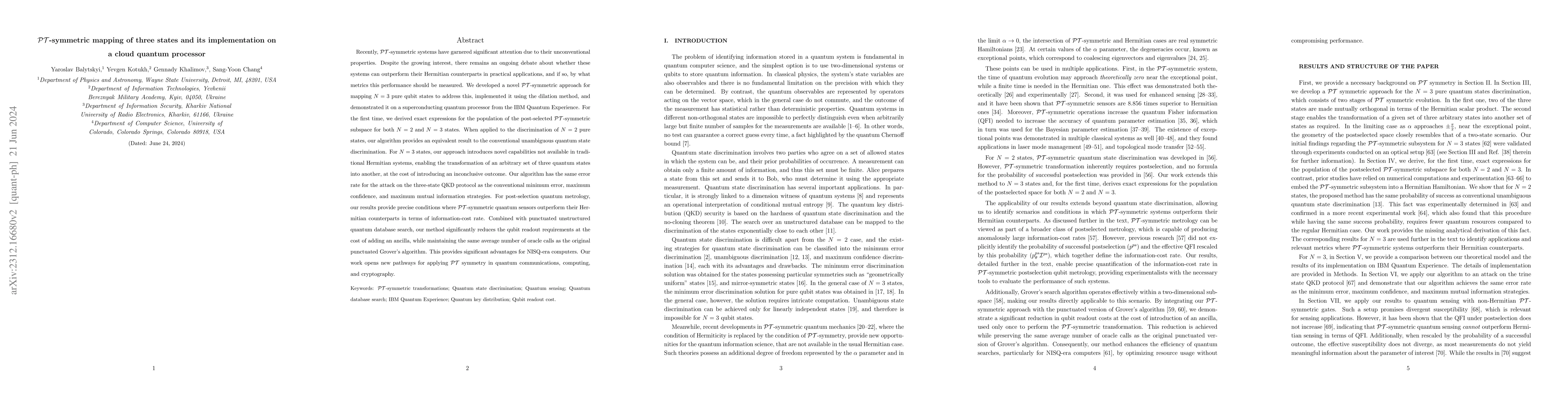 Thumbnail for $\mathcal{PT}$-symmetric mapping of three states and its implementation
  on a cloud quantum processor