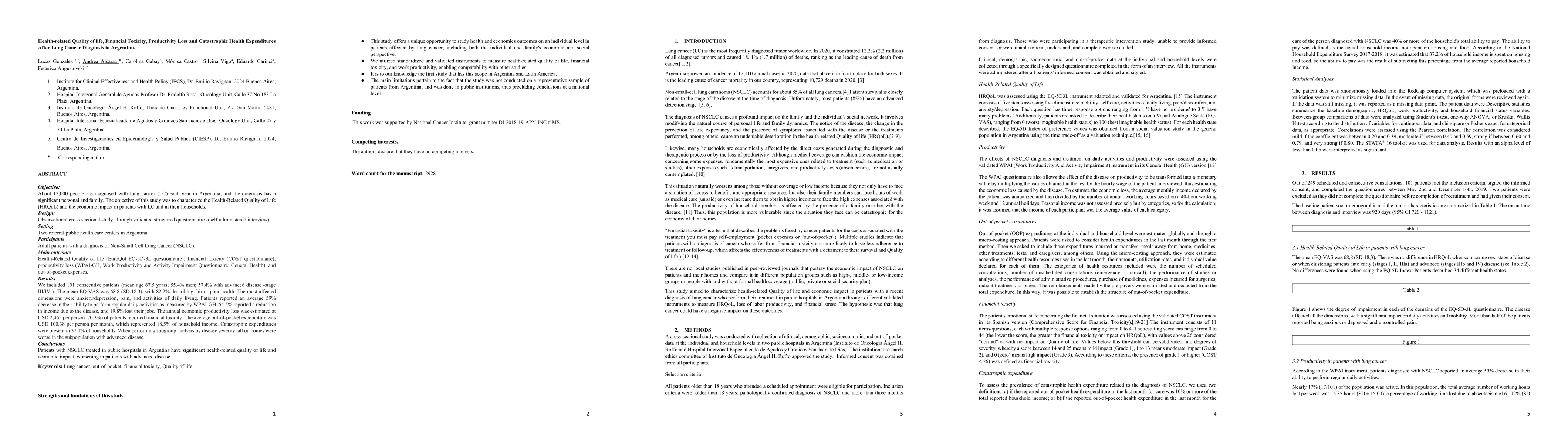 Thumbnail for Health-related Quality of life, Financial Toxicity, Productivity Loss
  and Catastrophic Health Expenditures After Lung Cancer Diagnosis in Argentina