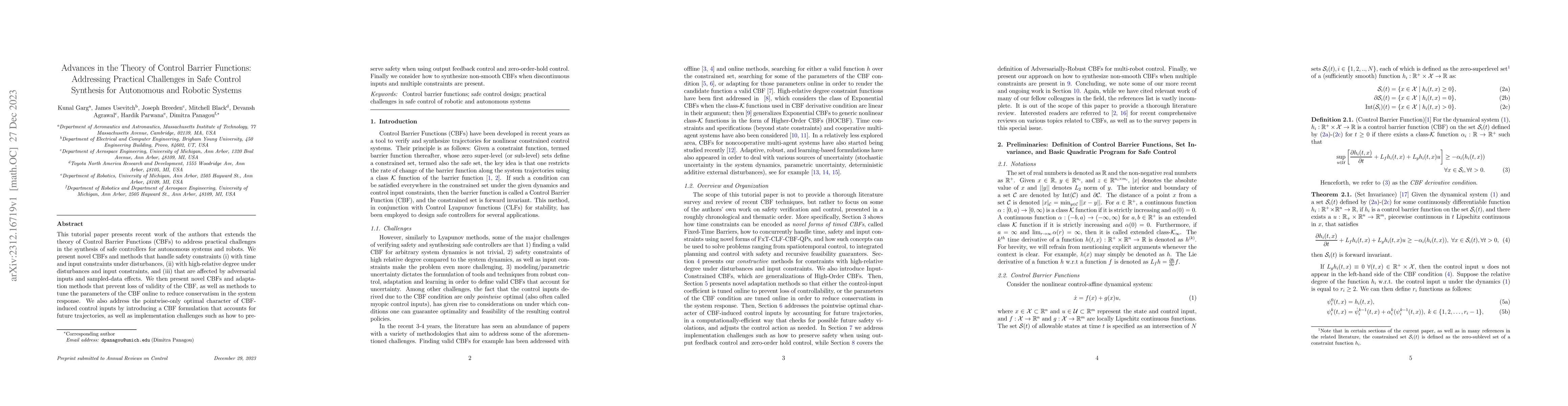 Thumbnail for Advances in the Theory of Control Barrier Functions: Addressing
  Practical Challenges in Safe Control Synthesis for Autonomous and Robotic
  Systems