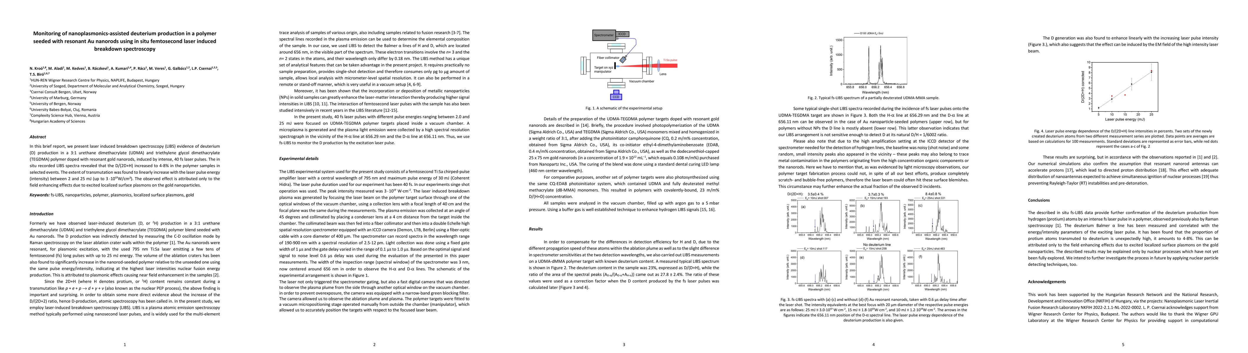 Thumbnail for Monitoring of nanoplasmonics-assisted deuterium production in a polymer
  seeded with resonant Au nanorods using in situ femtosecond laser induced
  breakdown spectroscopy