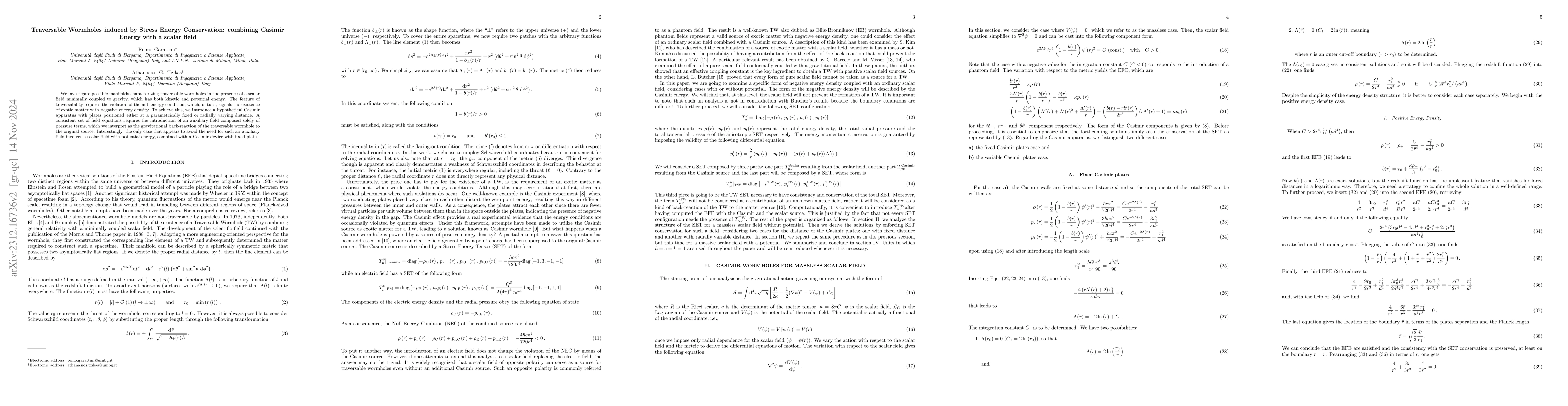 Thumbnail for Traversable Wormholes induced by Stress Energy Conservation: combining
  Casimir Energy with a scalar field