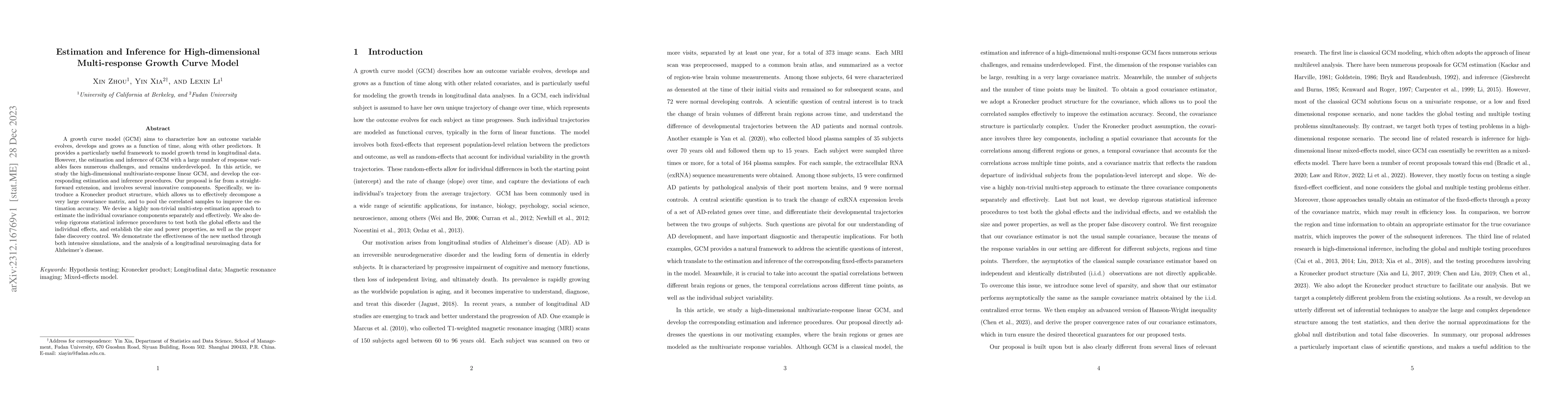 Thumbnail for Estimation and Inference for High-dimensional Multi-response Growth
  Curve Model