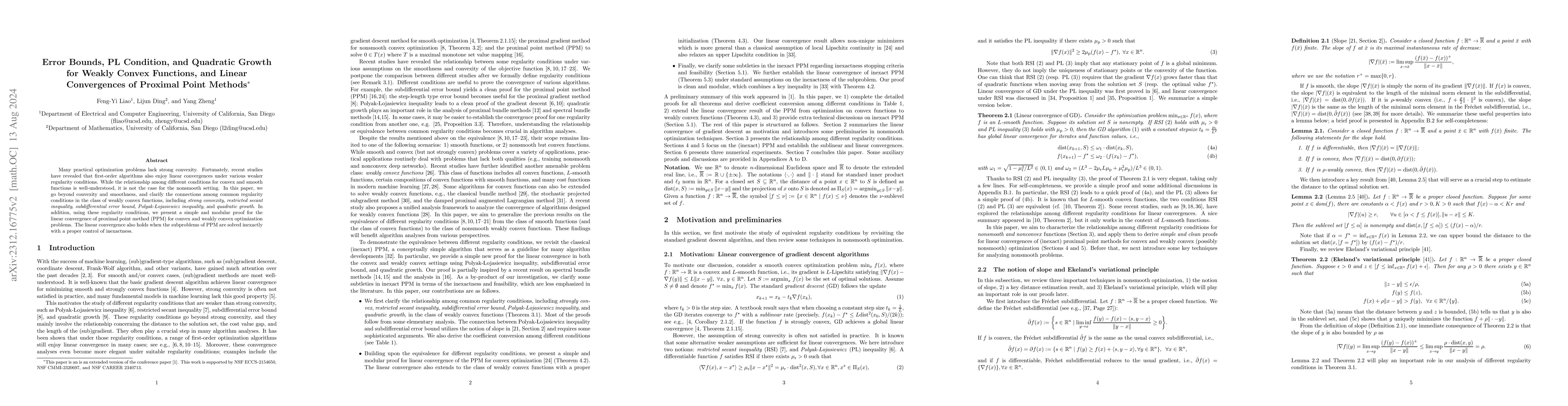 Thumbnail for Error bounds, PL condition, and quadratic growth for weakly convex
  functions, and linear convergences of proximal point methods