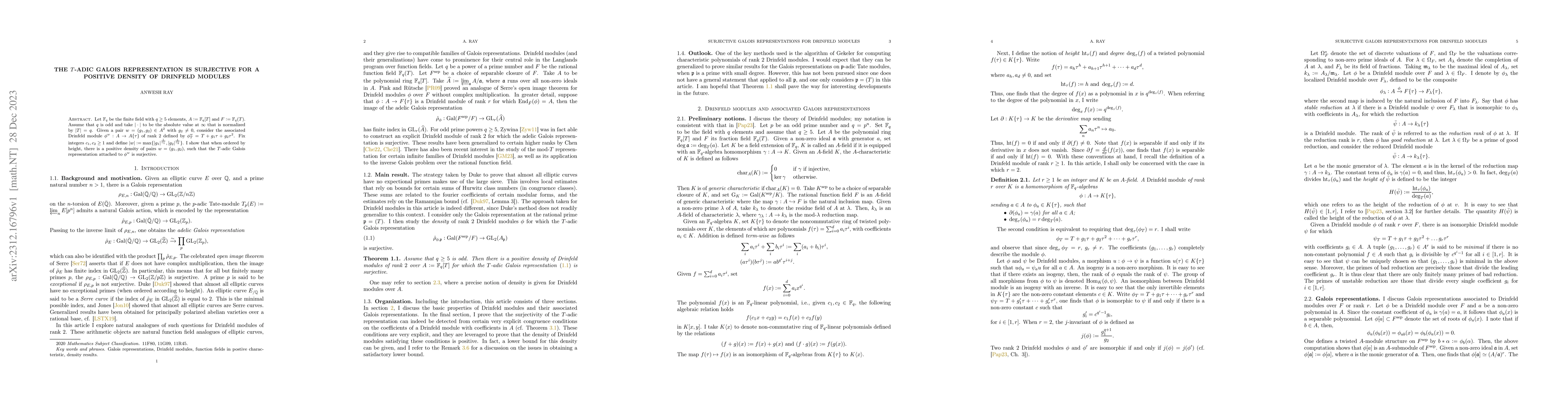 Thumbnail for The $T$-adic Galois representation is surjective for a positive density
  of Drinfeld modules
