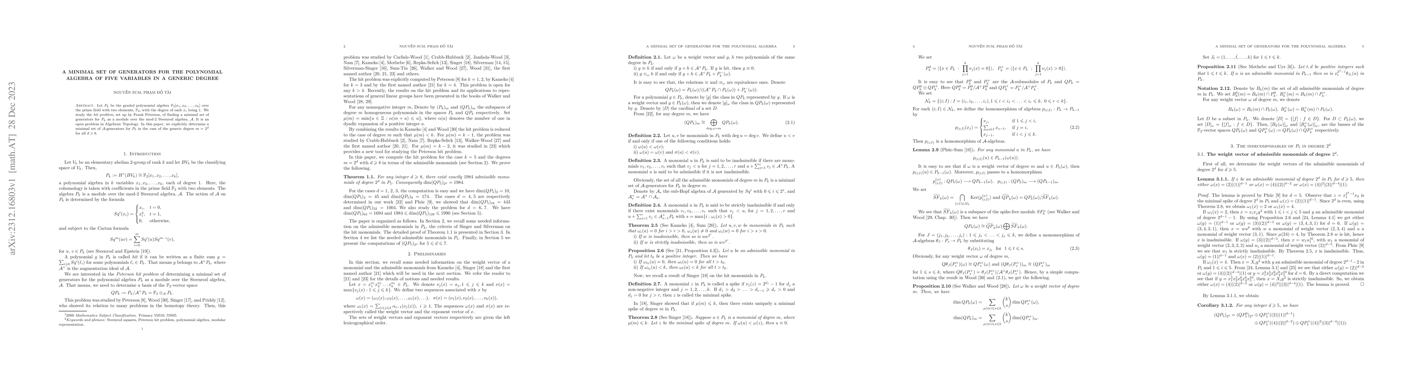 Thumbnail for A minimal set of generators for the polynomial algebra of five variables
  in a generic degree