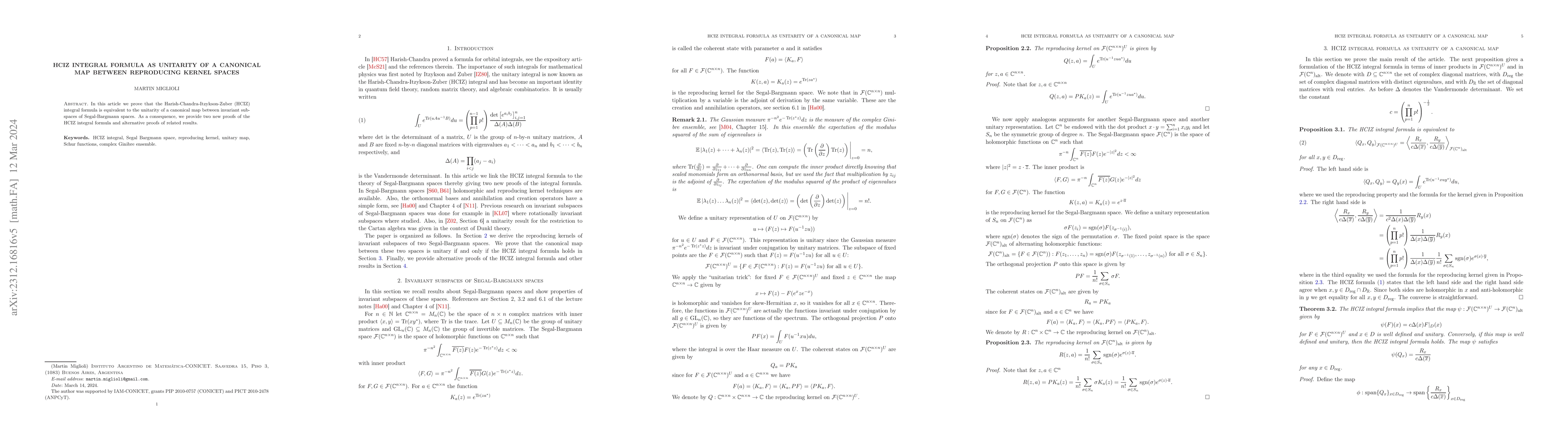 Thumbnail for HCIZ integral formula as unitarity of a canonical map between
  reproducing kernel spaces
