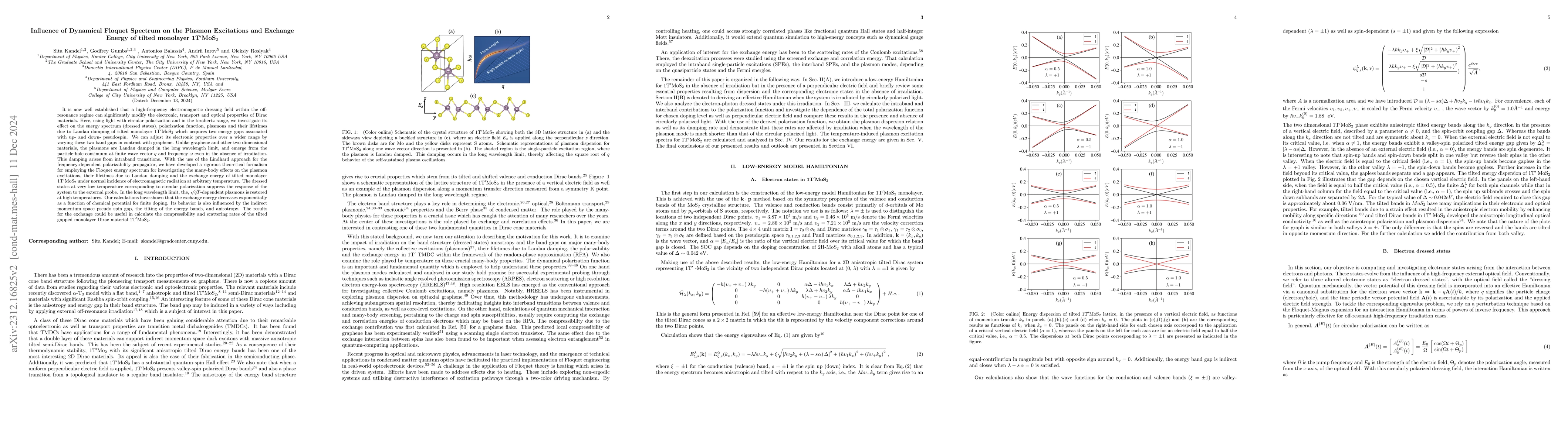 Thumbnail for Influence of Dynamical Floquet Spectrum on the Plasmon Excitations and
  Exchange Energy of tilted monolayer 1T$^\prime$MoS$_2$