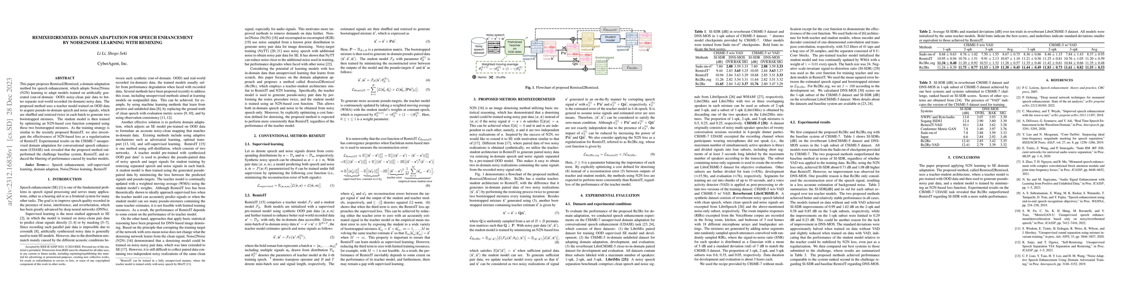Thumbnail for Remixed2Remixed: Domain adaptation for speech enhancement by Noise2Noise
  learning with Remixing