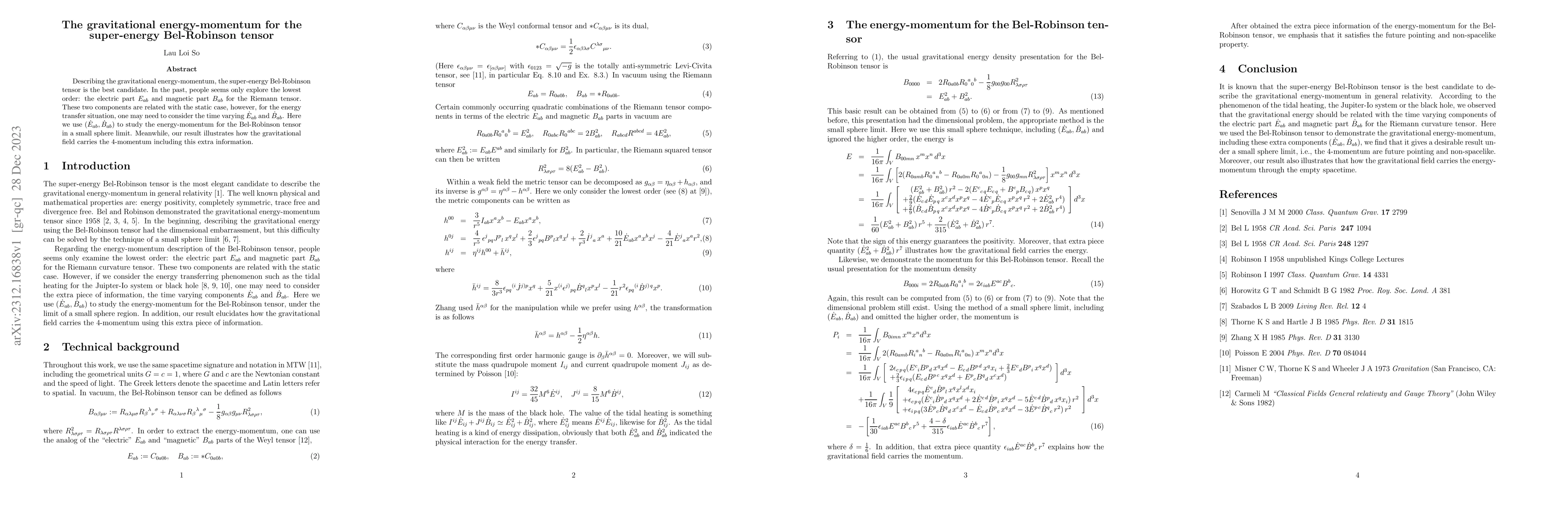 Thumbnail for The gravitational energy-momentum for the super-energy Bel-Robinson
  tensor
