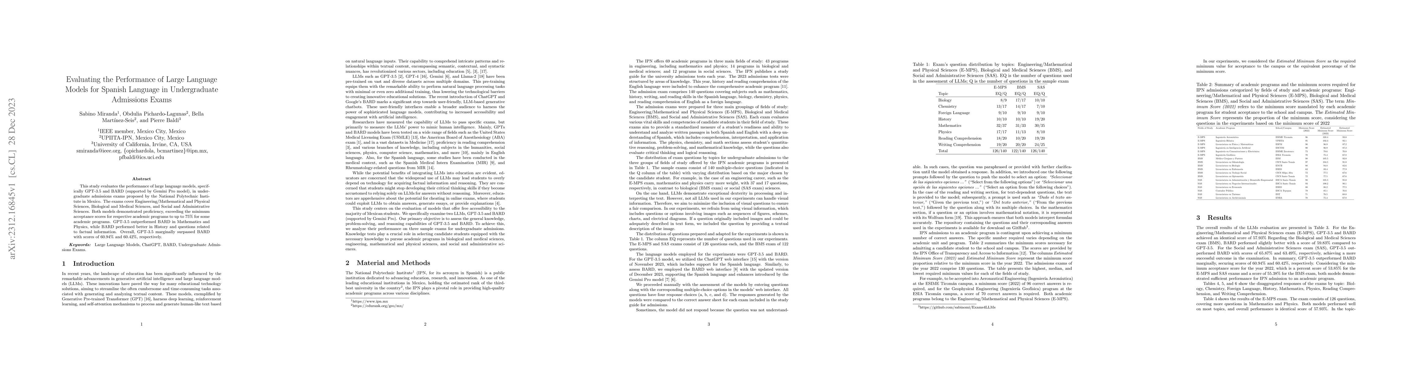Thumbnail for Evaluating the Performance of Large Language Models for Spanish Language
  in Undergraduate Admissions Exams