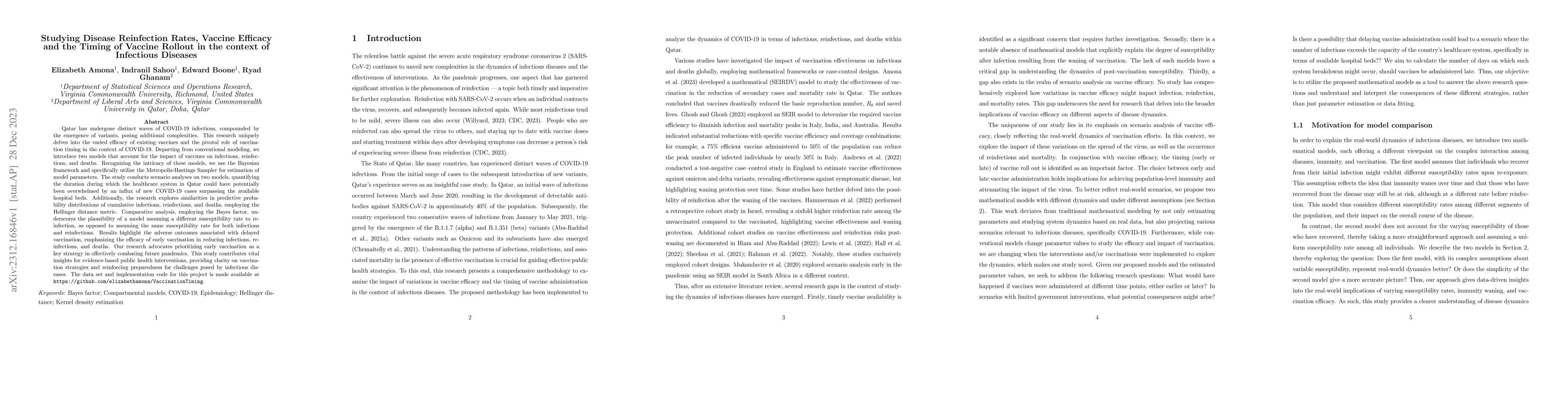 Thumbnail for Studying Disease Reinfection Rates, Vaccine Efficacy and the Timing of
  Vaccine Rollout in the context of Infectious Diseases