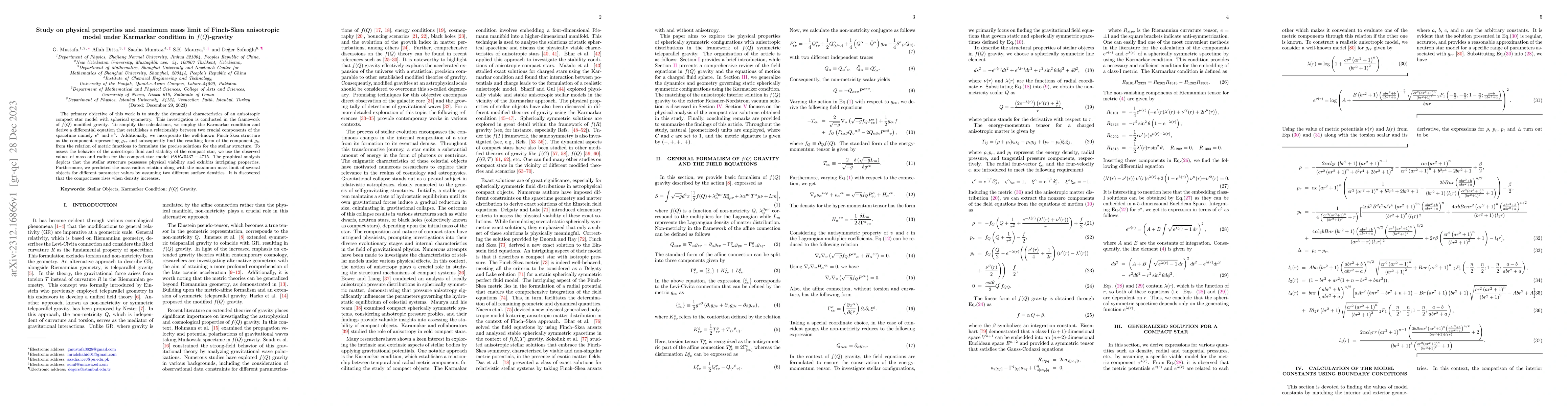 Thumbnail for Study on physical properties and maximum mass limit of Finch-Skea
  anisotropic model under Karmarkar condition in $f(Q)$-gravity