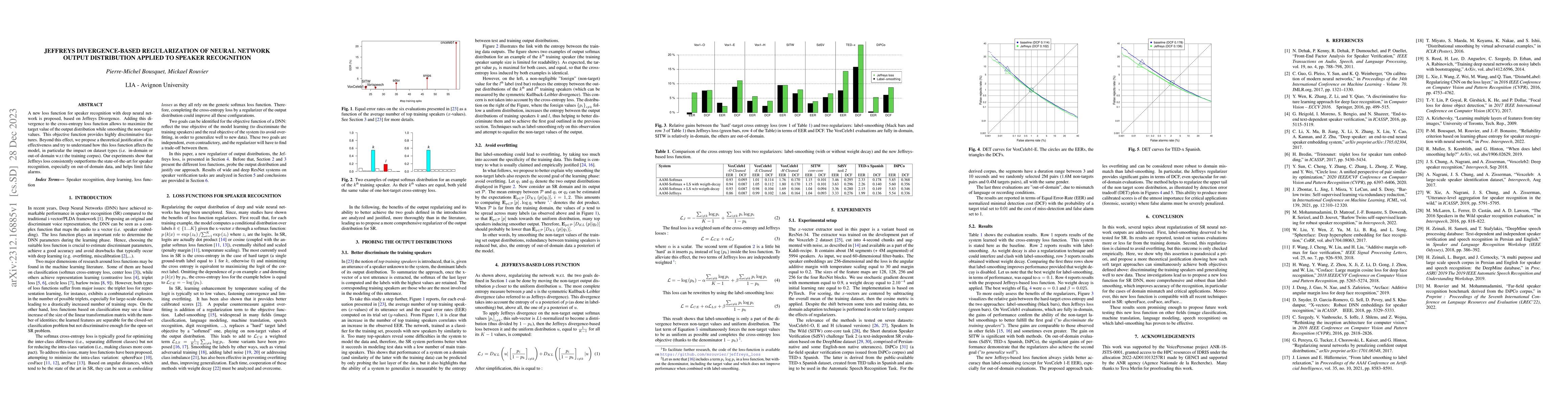 Thumbnail for Jeffreys divergence-based regularization of neural network output
  distribution applied to speaker recognition