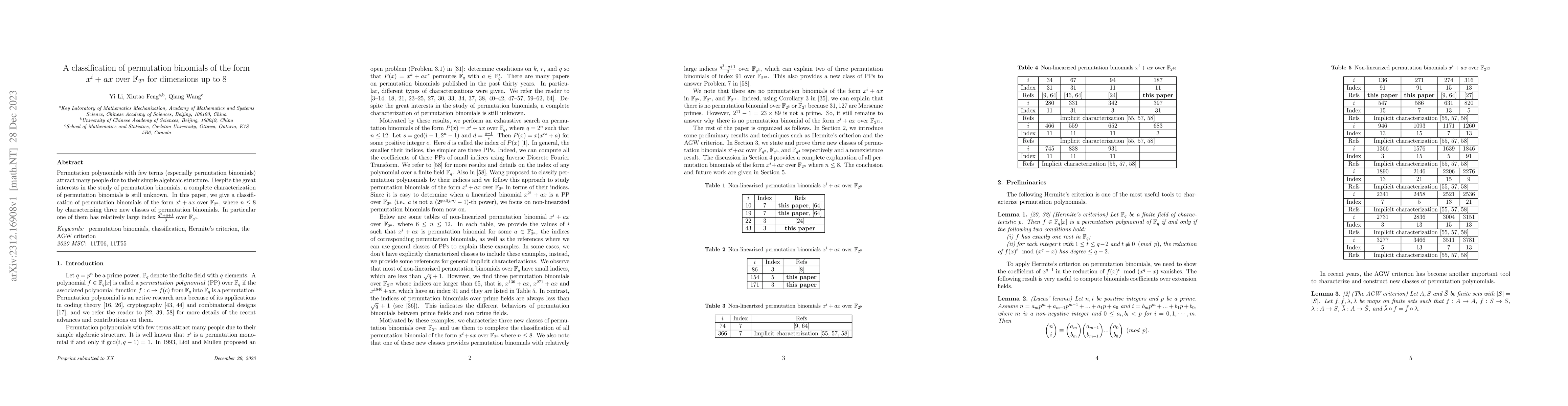 Thumbnail for A classification of permutation binomials of the form $x^i+ax$ over
  $\mathbb{F}_{2^n}$ for dimensions up to 8