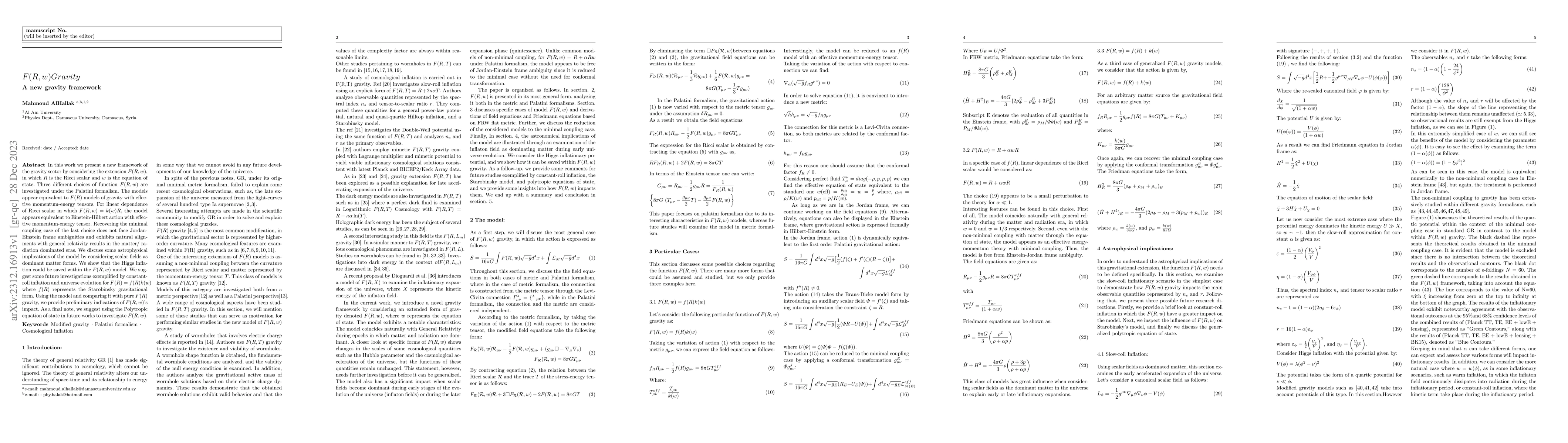 Thumbnail for $F(R,w)$ Gravity: A new gravity framework