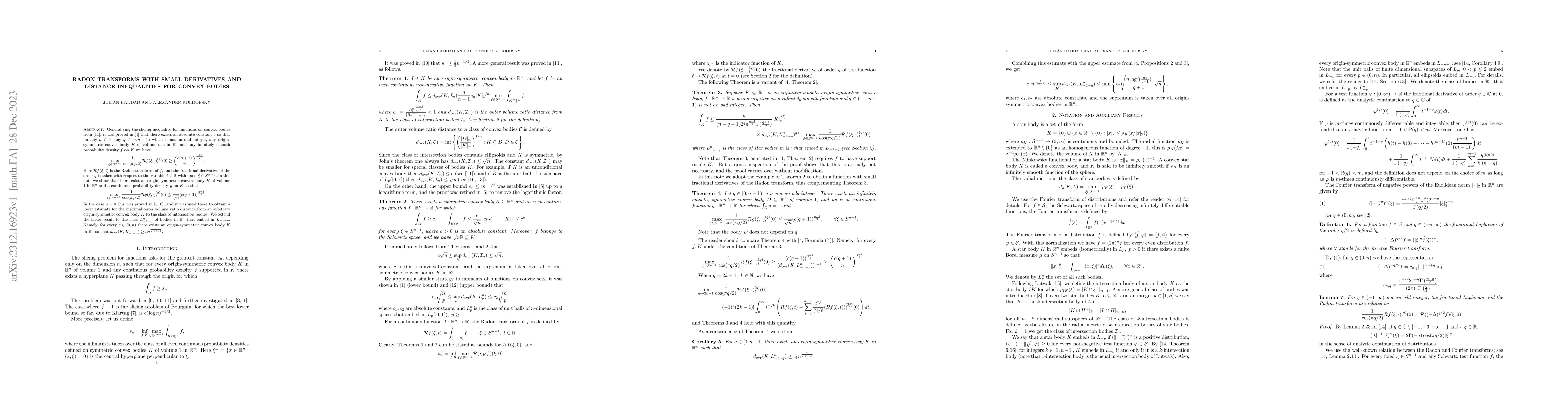 Thumbnail for Radon transforms with small derivatives and distance inequalities for
  convex bodies