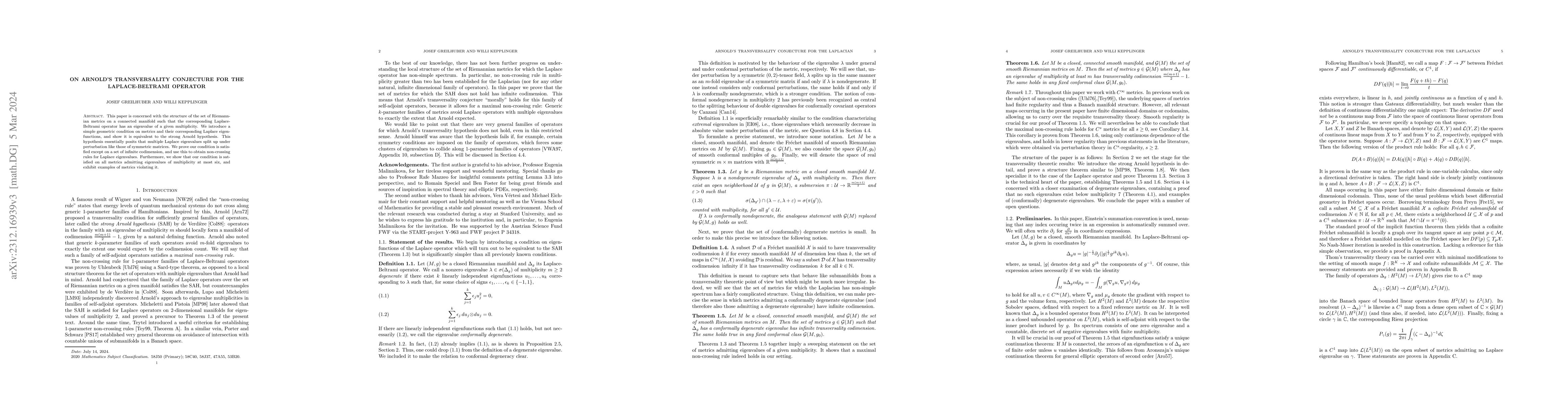 Thumbnail for On Arnold's Transversality Conjecture for the Laplace-Beltrami Operator