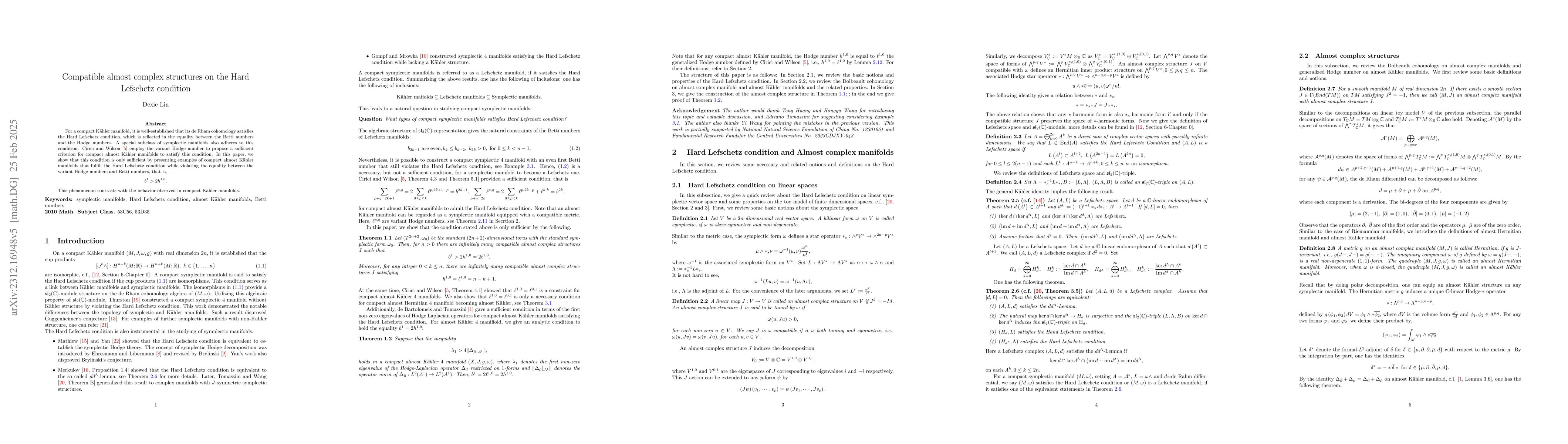 Thumbnail for Betti numbers and compatible almost complex structures on the Hard
  Lefschetz condition