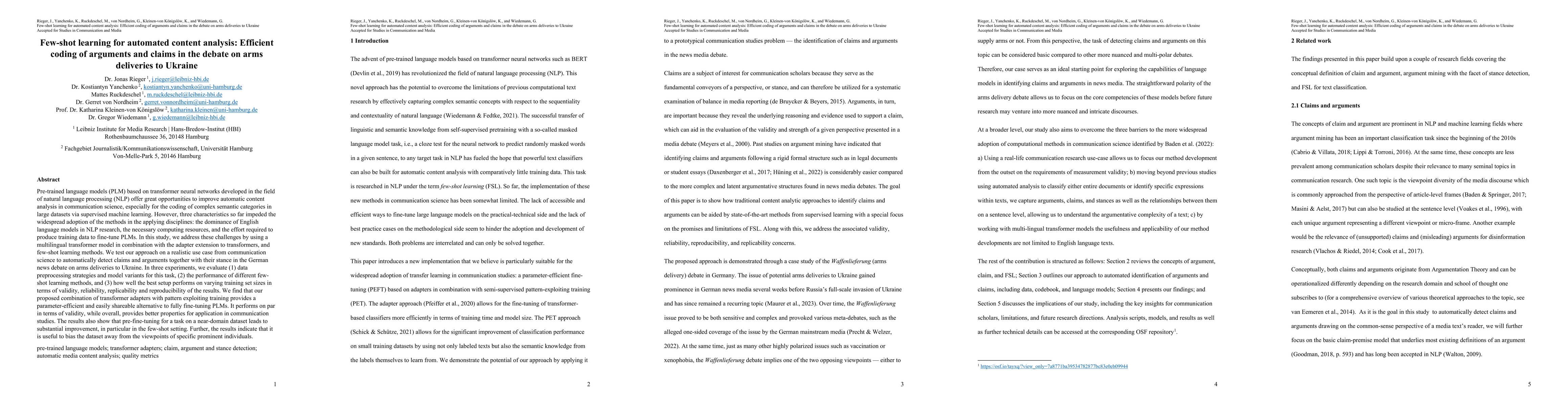Thumbnail for Few-shot learning for automated content analysis: Efficient coding of
  arguments and claims in the debate on arms deliveries to Ukraine