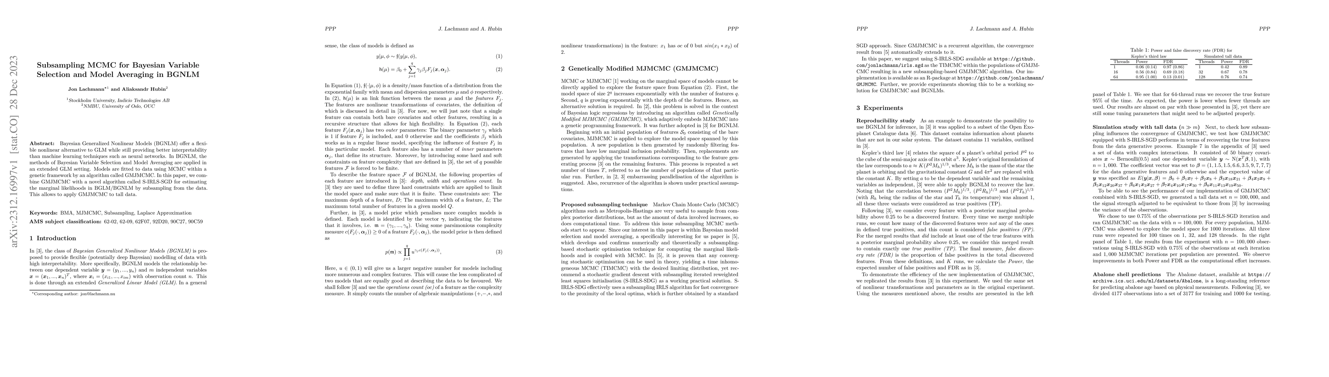 Thumbnail for Subsampling MCMC for Bayesian Variable Selection and Model Averaging in
  BGNLM