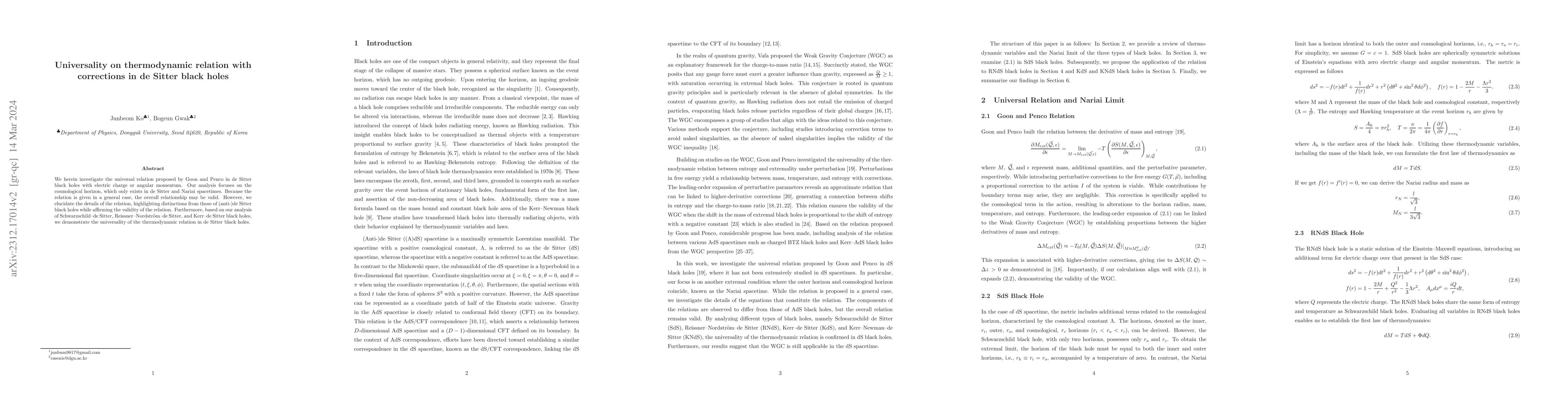 Thumbnail for Universality on thermodynamic relation with corrections in de Sitter
  black holes