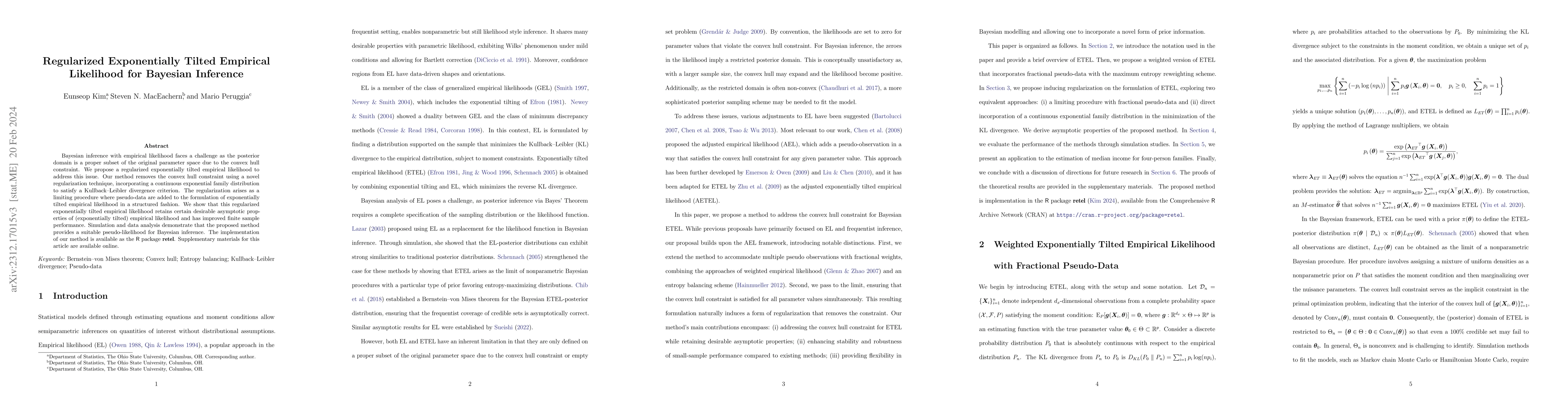 Thumbnail for Regularized Exponentially Tilted Empirical Likelihood for Bayesian
  Inference