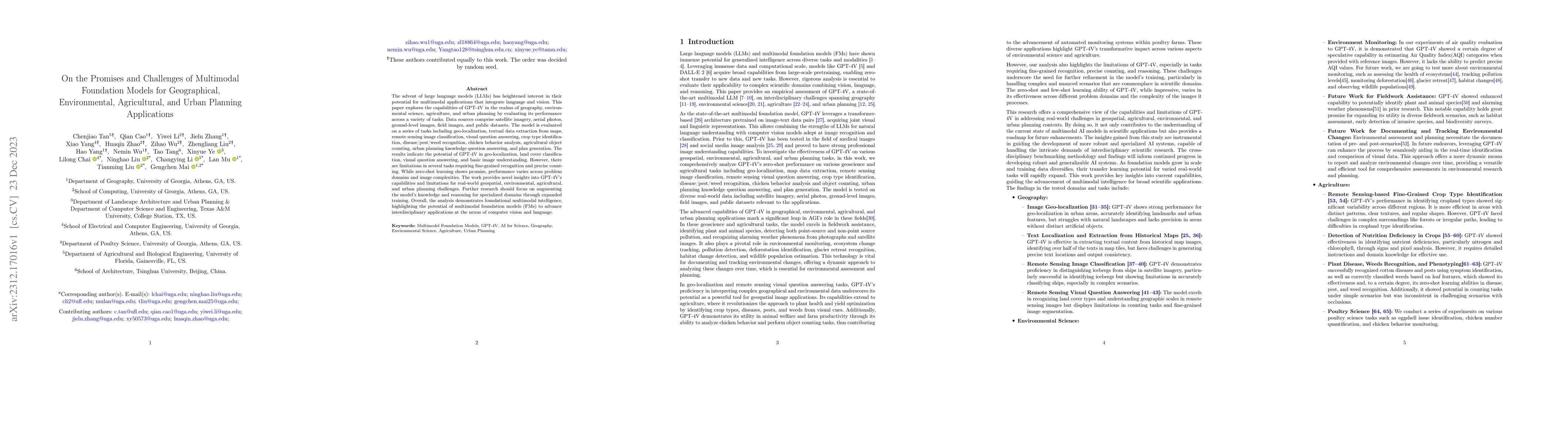 Thumbnail for On the Promises and Challenges of Multimodal Foundation Models for
  Geographical, Environmental, Agricultural, and Urban Planning Applications