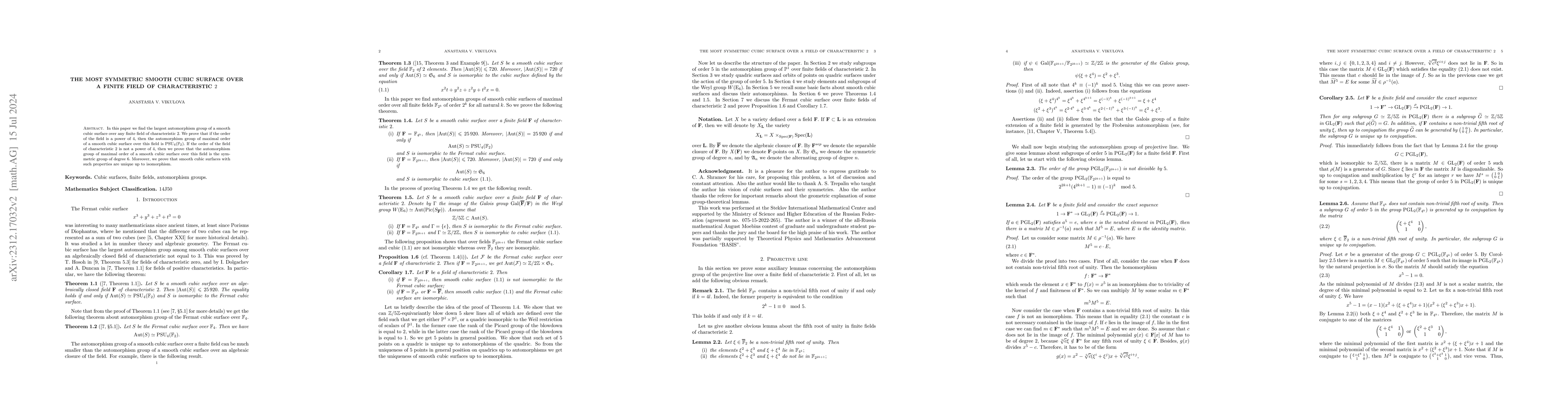 Thumbnail for The most symmetric smooth cubic surface over a finite field of
  characteristic $2$