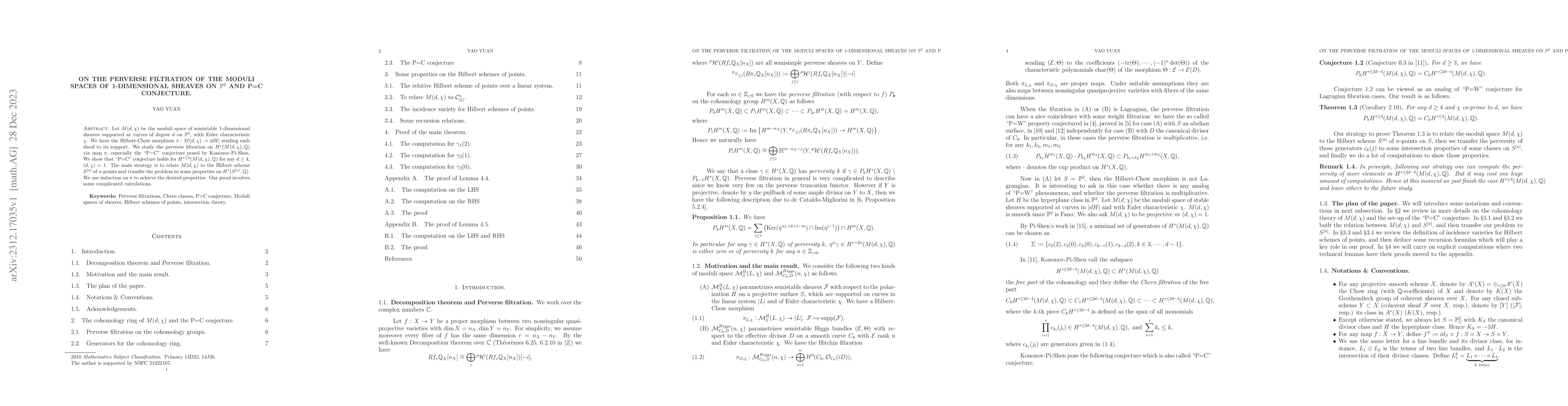 Thumbnail for On the perverse filtration of the moduli spaces of 1-dimensional sheaves
  on $\mathbb{P}^2$ and P=C conjecture