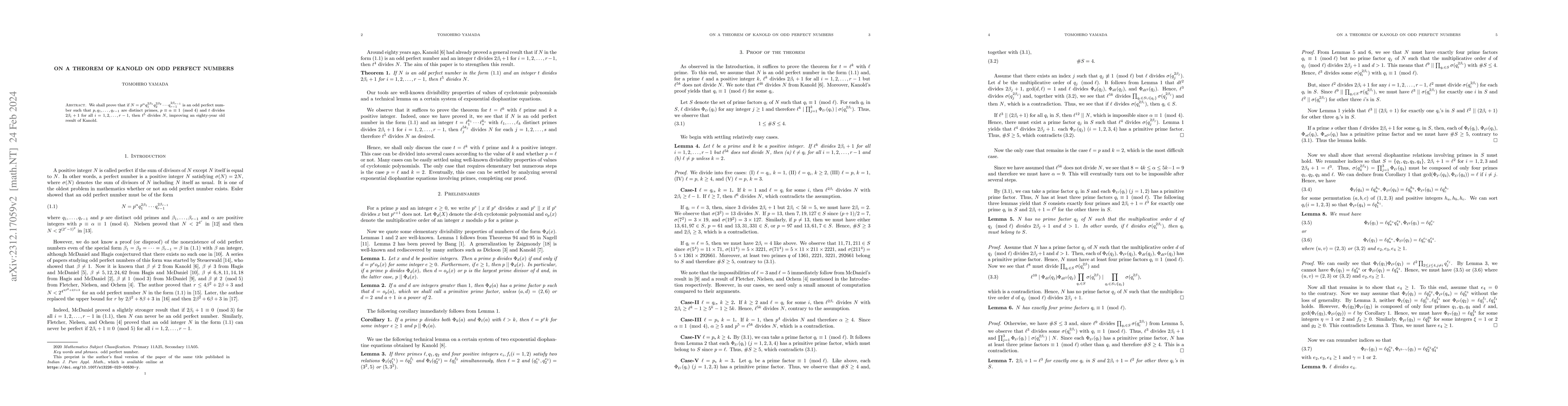 Thumbnail for On a theorem of Kanold on odd perfect numbers