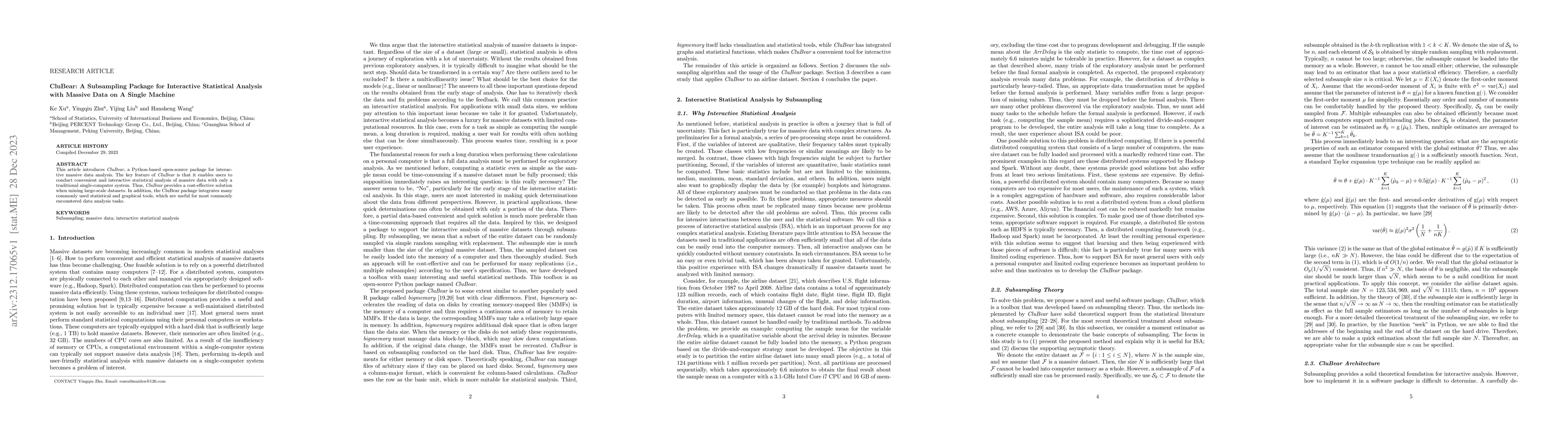 Thumbnail for CluBear: A Subsampling Package for Interactive Statistical Analysis with
  Massive Data on A Single Machine
