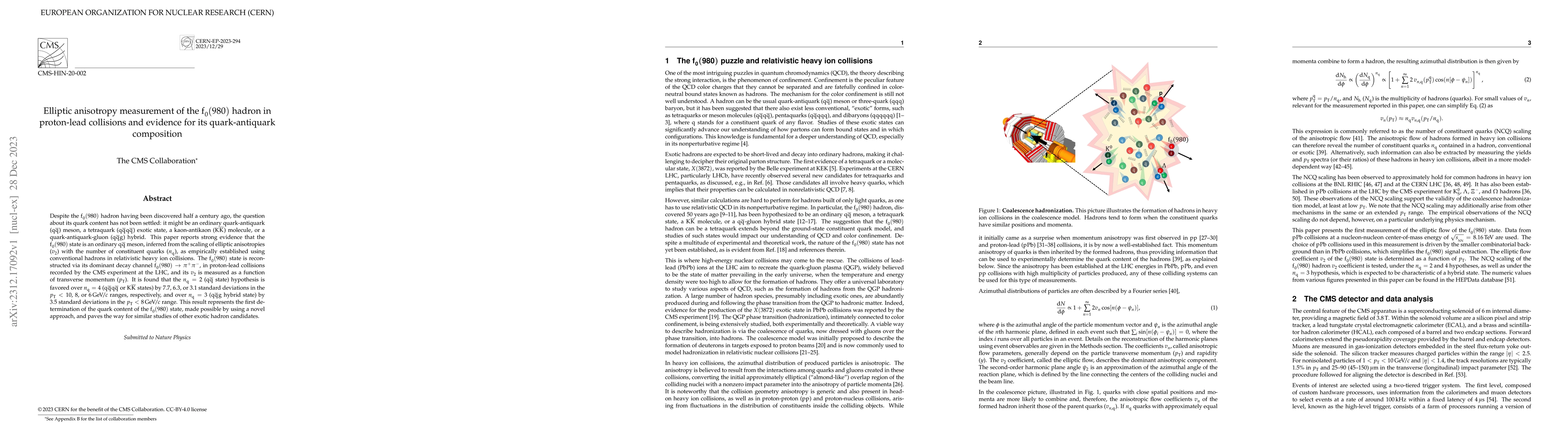 Thumbnail for Elliptic anisotropy measurement of the f$_0$(980) hadron in proton-lead
  collisions and evidence for its quark-antiquark composition