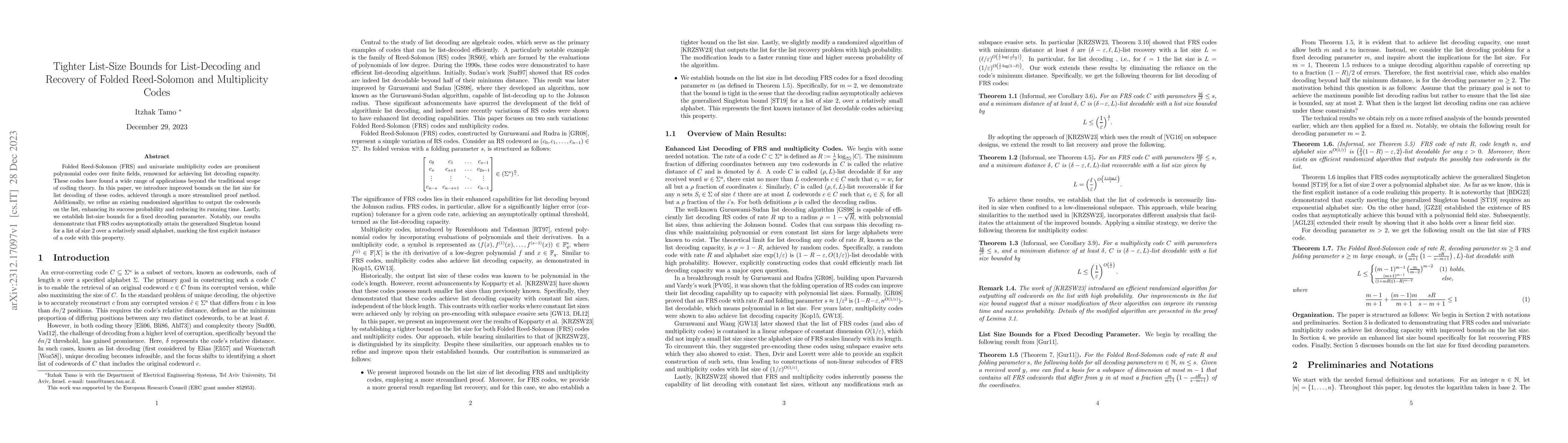 Thumbnail for Tighter List-Size Bounds for List-Decoding and Recovery of Folded
  Reed-Solomon and Multiplicity Codes