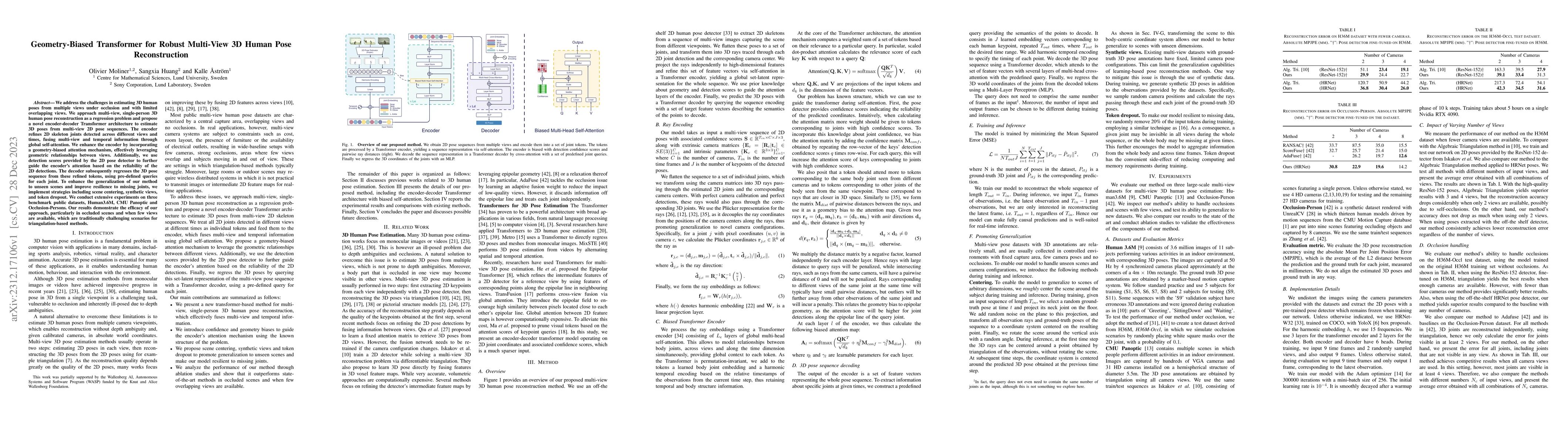 Thumbnail for Geometry-Biased Transformer for Robust Multi-View 3D Human Pose
  Reconstruction